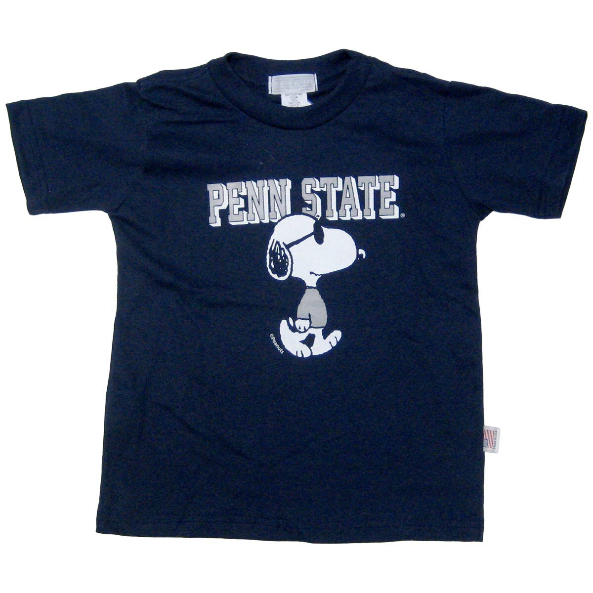 navy youth short sleeve t-shirt with Penn State and walking Snoopy